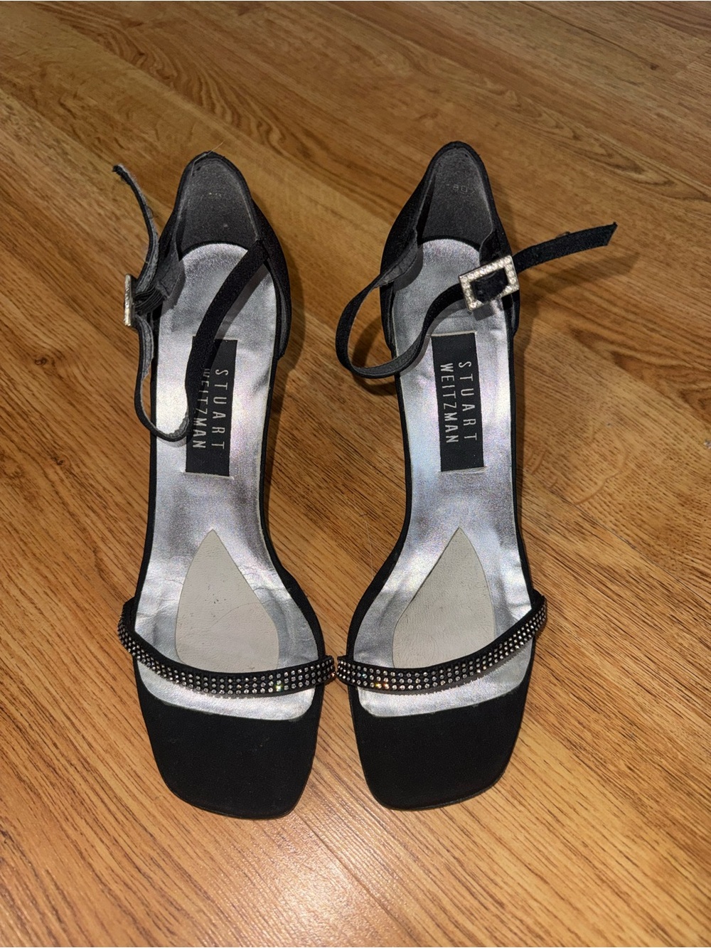 Stuart Weitzman Black Crystal-Strap Ankle-Heel Sandals
